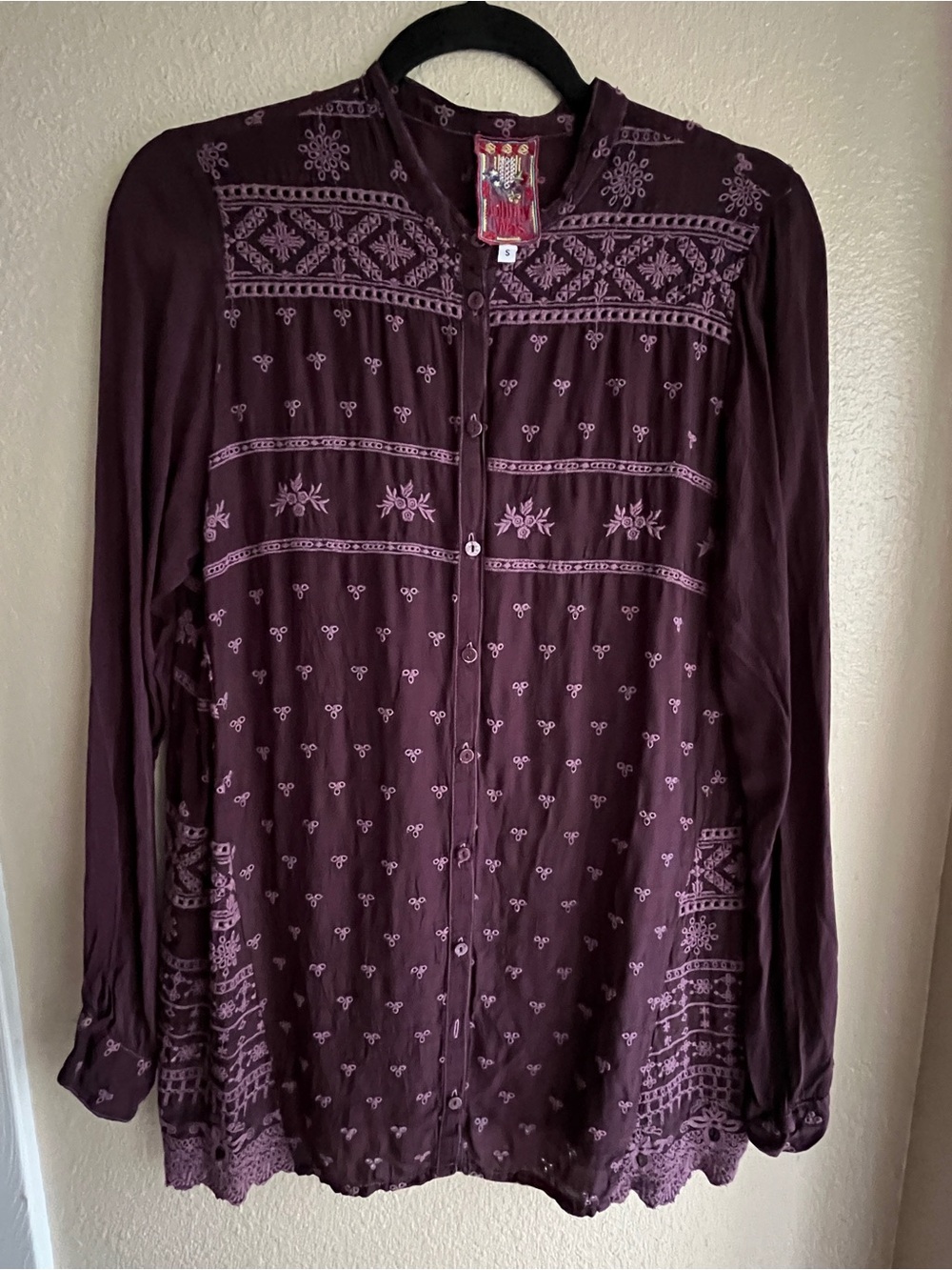 Johnny Was Plum Embroidered Button-Up Top